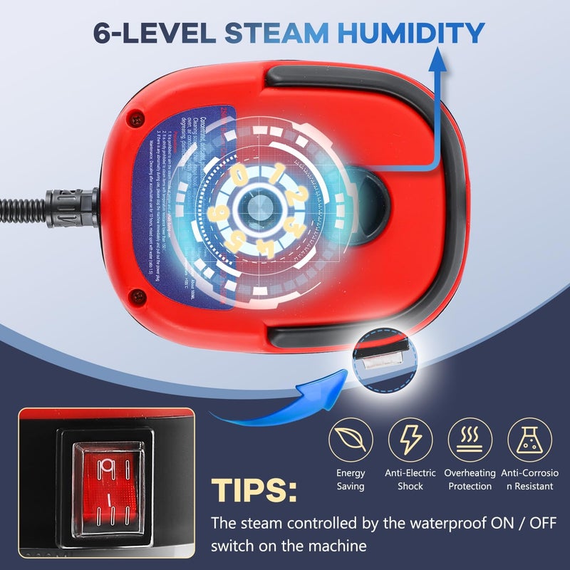 Moongiantgo High Pressure Steam Cleaner, 2500W Portable High Temp Bathroom Power Steamer Cleaning Machine Steam Humidity Adjustable For Home Use Kitchen Grease Car Detailing (110V, Red) - Image 5
